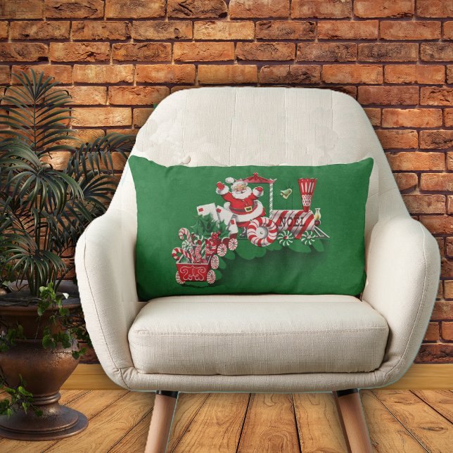 Vintage Jultomten Peppermint Candy Tåg Lumbarkudde (Santa riding on Christmas train with letters candy on green Christmas home decor decorative pillow.)
