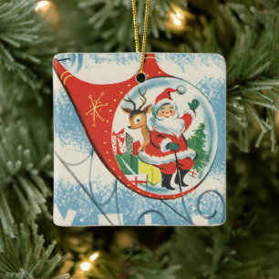 Vintage jultomten Reindeer Flyghelikopter Julgransprydnad Keramik