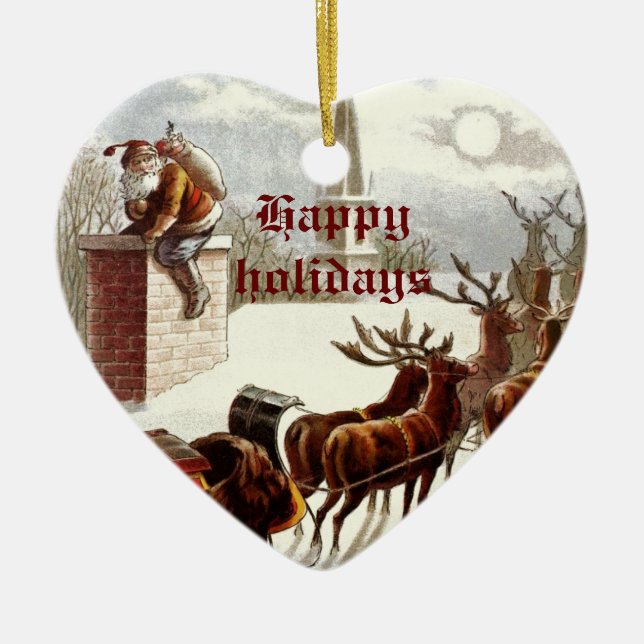 Vintage Jultomten Reindeer Sleigh-prydnadsföremål Julgransprydnad Keramik (Framsidan)