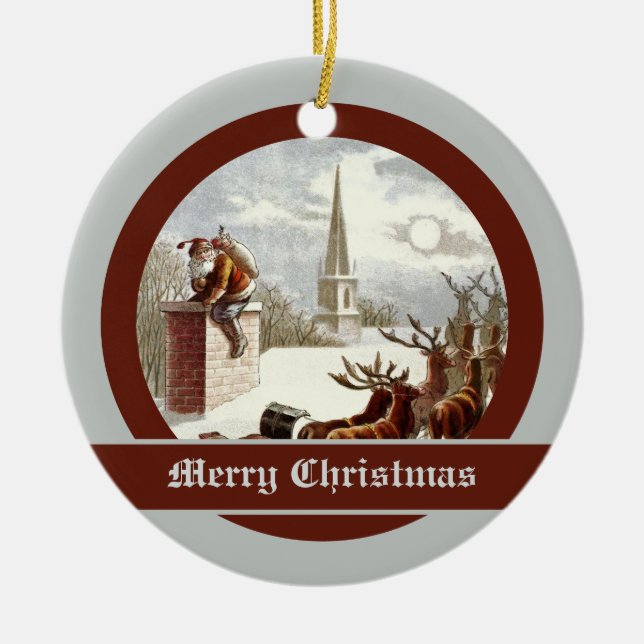 Vintage Jultomten Reindeer Sleigh-prydnadsföremål Julgransprydnad Keramik (Framsidan)