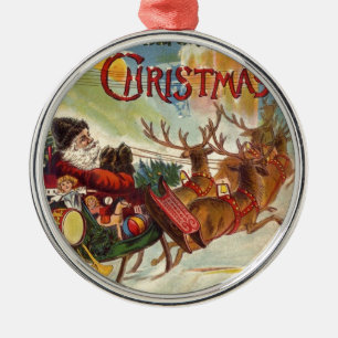 Vintage Jultomten Reindeer Sleigh-prydnadsföremål Julgransprydnad Metall