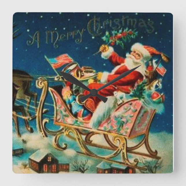 Vintage Jultomten Sleigh-Helgdag Fyrkantig Klocka (Framsida)