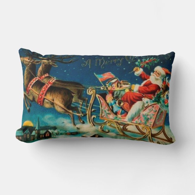 Vintage Jultomten Sleigh-Helgdag Lumbarkudde (Framsida)