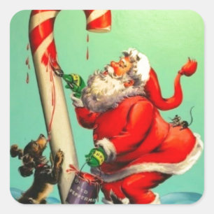Vintage Jultomten som målar A Candy cane Fyrkantigt Klistermärke