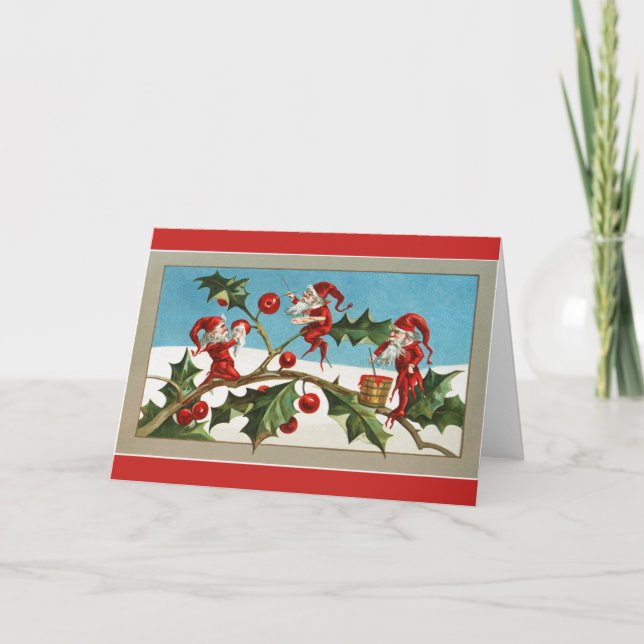 Vintage - Julventiler som målar Holly Berries. Helgkort (Framsida)