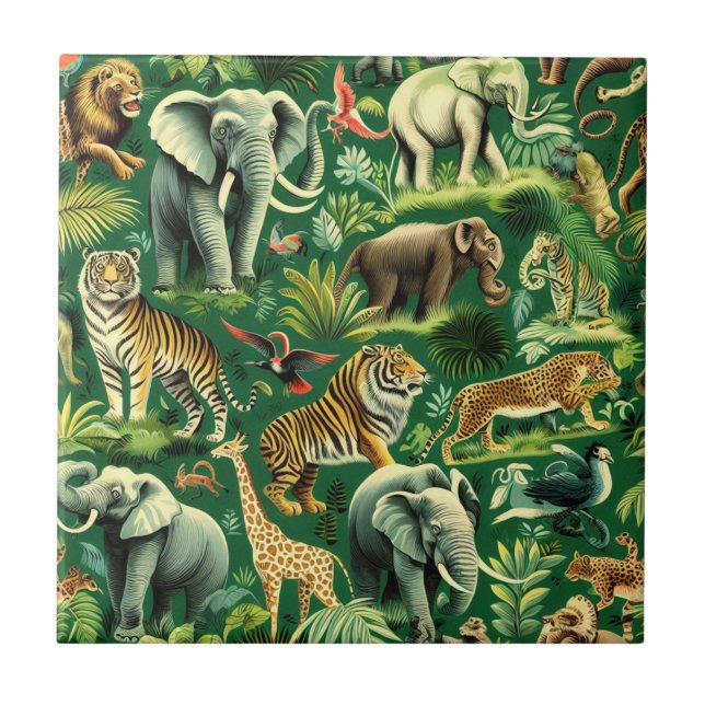 Vintage Jungle Animals Mönster Kakelplatta (Framsidan)