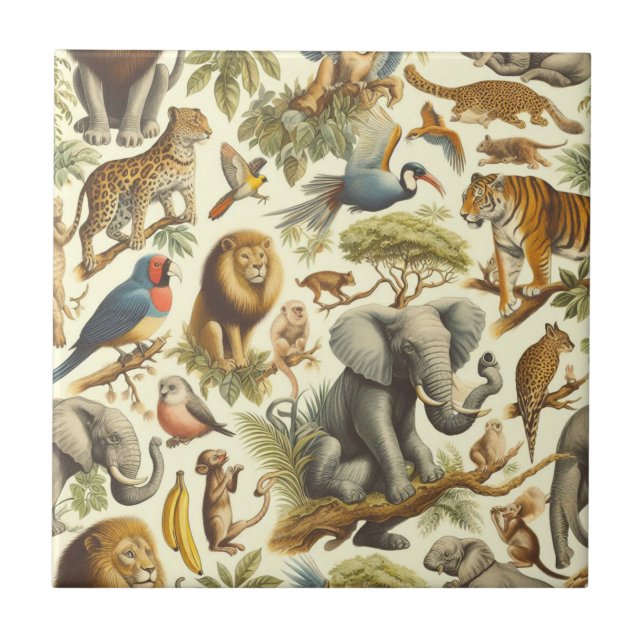 Vintage Jungle Animals Vattenfärg Kakelplatta (Framsidan)