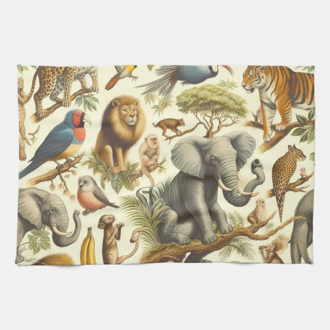 Vintage Jungle Animals Vattenfärg Kökshandduk (Horisontell)