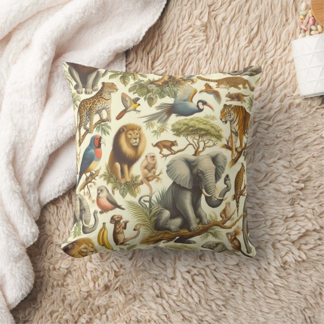 Vintage Jungle Animals Vattenfärg Kudde (Filt)