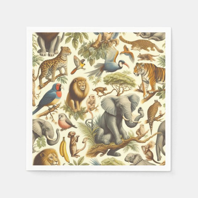 Vintage Jungle Animals Vattenfärg Pappersservett (Framsidan)