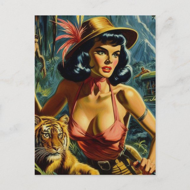 Vintage Jungle Pulp Girl Vykort (Framsida)