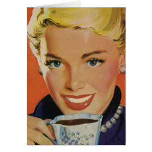 Vintage Kaffe, Lycklig-kvinna med Retro-kaffe Kopp Hälsningskort