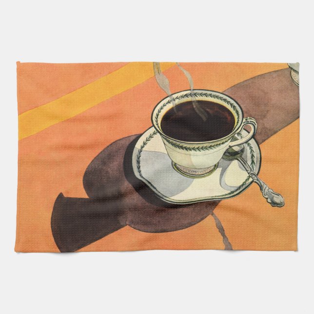 Vintage kaffekopp, fat, sked, retro-diner kökshandduk (Horisontell)