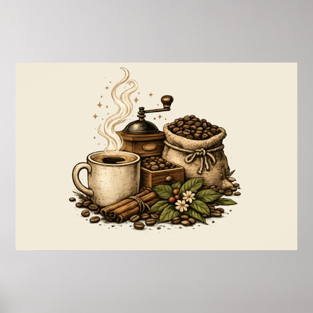 Vintage Kaffekopp Illustration Poster (Framsidan)