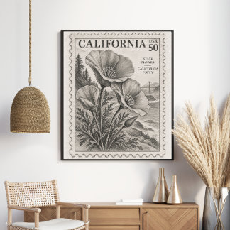 Vintage Kalifornien Vallmo Stat Blomma Frimärke Poster