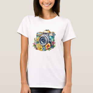 Vintage kamera i blommor, vattenfärg t shirt