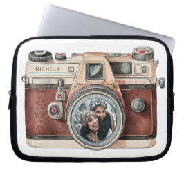 Vintage kamera med foto laptop fodral