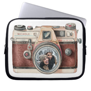Vintage kamera med foto laptop fodral