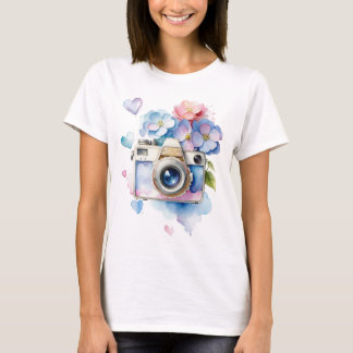 Vintage kamera med Hydrangea Flowers T Shirt
