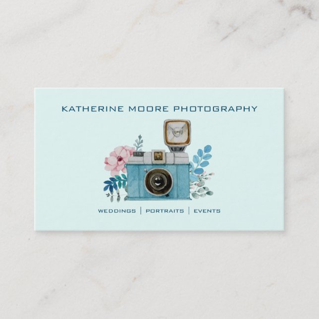 Vintage - Kamera och blommor - vattenfärgsfotograf Visitkort (Framsida)