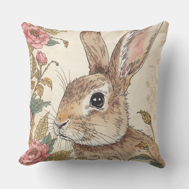 Vintage kanin, söt kanin, blommönster kudde (Framsida)