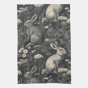 Vintage Kanin Toile Svart Botaniskt Mönster Kökshandduk