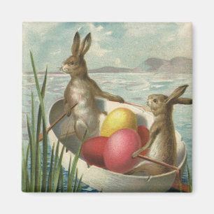 Vintage kaniner i båt, kärleksfulla påskhälsningar magnet
