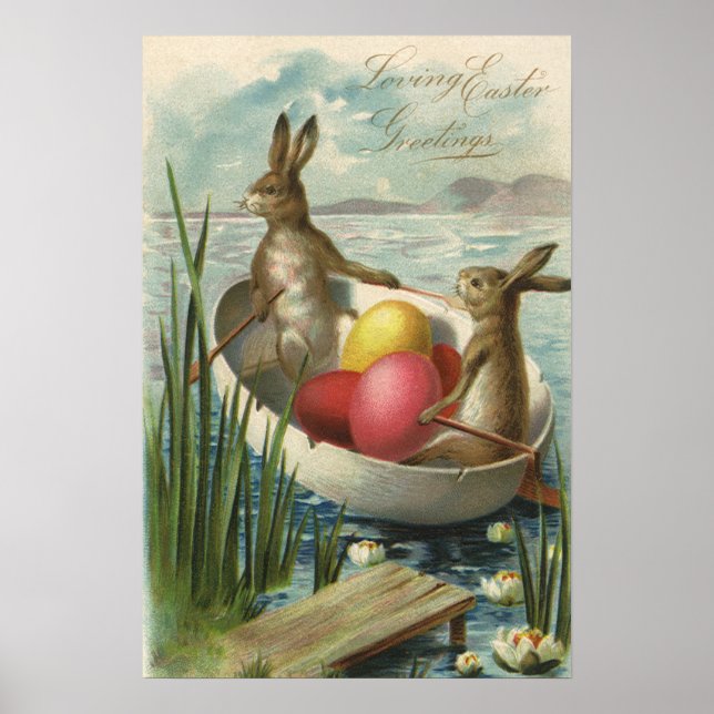 Vintage kaniner i båt, kärleksfulla påskhälsningar poster (Framsidan)