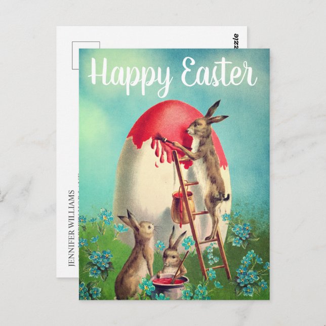 Vintage Kaniner Målar Påskägg Glad Påsk Vykort (Fram/baksida)