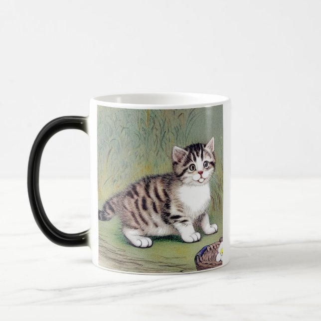 Vintage - kantad Kitten illustration Magisk Mugg (Vänster)