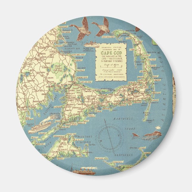 Vintage Kap Cod Karta (1940) Magnet (Framsidan)