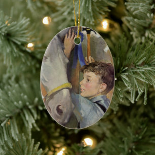 Vintage kapplöpningshäst, blå bandet vinnare med e julgransprydnad keramik