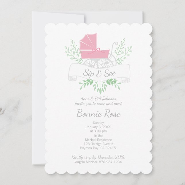 vintage, kardborrflicka SIP & SEE rosa pram Inbjudningar (Framsida)