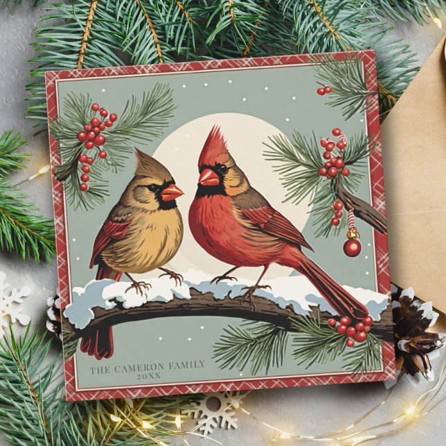Vintage kardinalfågelfamiljen Holly-julkort (Vintage Cardinal Birds Family Holly Christmas Card)
