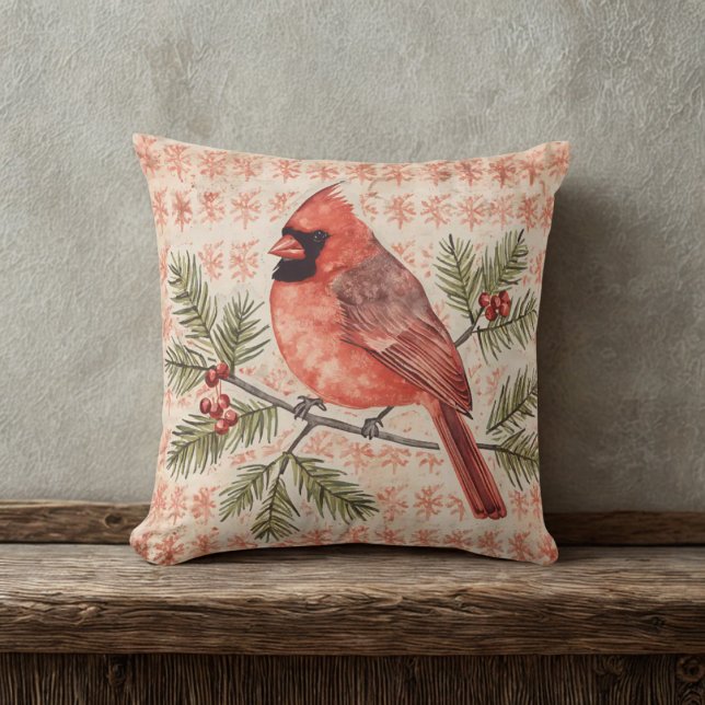 Vintage kardinalfåglar med Gräs Gren Kudde (Red pattern cardinal throw pillow)