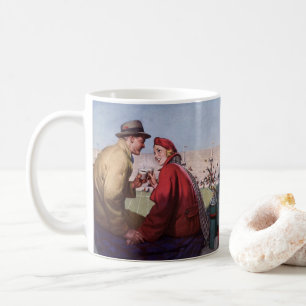 Vintage kärlek och romantik, par på fotbollsmatch kaffemugg