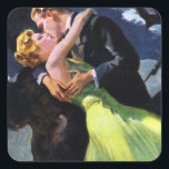 Vintage Kärlek och Romantik, Romantic Kiss Fyrkantigt Klistermärke<br><div class="desc">Vintagens illustration av kärlek och romantik med ett ungt par med lycklig,  den stiliga brudgummen kysser hans vackra brud. De har lämnat bröllop och är på väg att gå på sin smekmånad.</div>