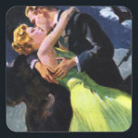 Vintage Kärlek och Romantik, Romantic Kiss Fyrkantigt Klistermärke<br><div class="desc">Vintagens illustration av kärlek och romantik med ett ungt par med lycklig,  den stiliga brudgummen kysser hans vackra brud. De har lämnat bröllop och är på väg att gå på sin smekmånad.</div>