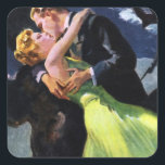 Vintage Kärlek och Romantik, Romantic Kiss Fyrkantigt Klistermärke<br><div class="desc">Vintagens illustration av kärlek och romantik med ett ungt par med lycklig,  den stiliga brudgummen kysser hans vackra brud. De har lämnat bröllop och är på väg att gå på sin smekmånad.</div>