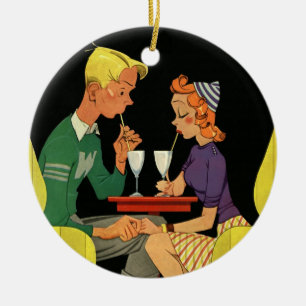 Vintage Kärlek och Romantik, Tonåringar vid Soda S Julgransprydnad Keramik