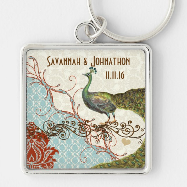 Vintage Kärlek Peacock Bröllop Nyckelring (Framsidan)