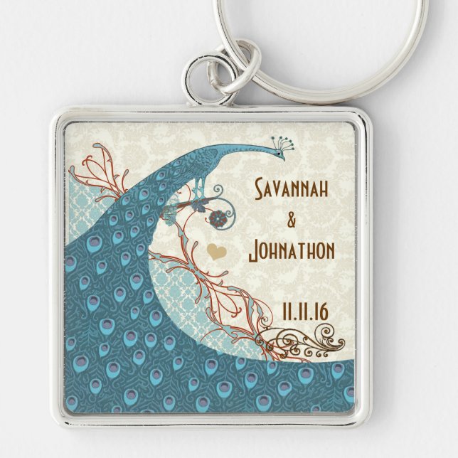 Vintage Kärlek Peacock Bröllop Nyckelring (Framsidan)