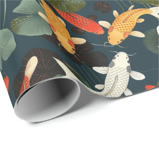 Vintage Karpfiskar och Lotus Trädgård på Djupblått Presentpapper