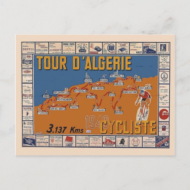 Vintage Karta, Algeriet Cycle tävling 1949 Vykort (Framsida)