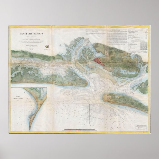 Vintage Karta av Beaufort Harbour SC (1857) Poster (Framsidan)