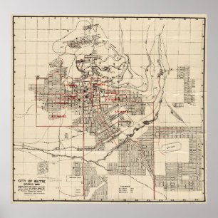 Vintage Karta av Butte Montana (1909) Poster