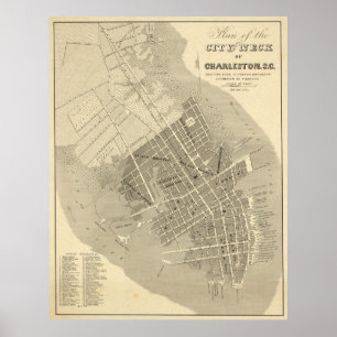 Vintage Karta av Charleston South Carolina (1844) Poster
