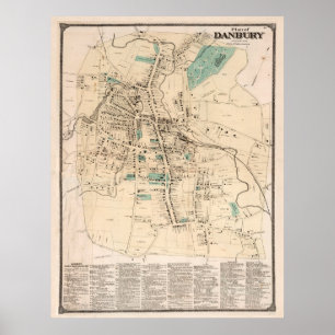 Vintage Karta av Danbury Connecticut (1867) Poster