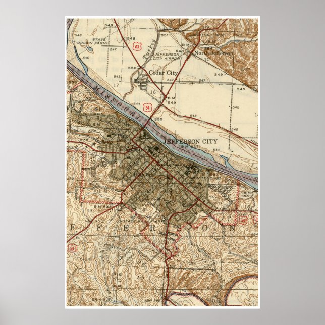 Vintage Karta av Jefferson City MO (1939) Poster (Framsidan)