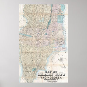 Vintage Karta av Jersey City och Hoboken (1886) Poster